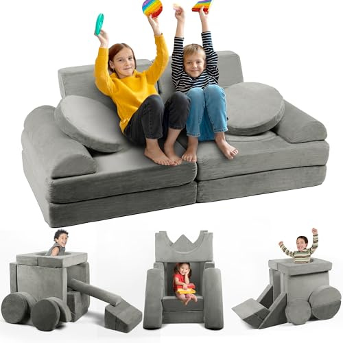 HappyKidd Divano modulare per bambini – 15 pezzi divano da gioco in peluche costruibile, pannelli quadrati con pozzo di palline, schienali, divano per bambini dai 5 ai 12 anni, divano per bambini per
