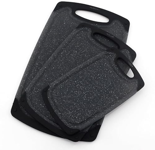 3 pcs Schneidebrett Kunststoff, Schneidebrett Set mit Saftrillen & Rutschfeste Aufkleber, Cutting Board BPA-Free, Spülmaschinenfestes, Küchenbrett, Chopping Board Schwarz