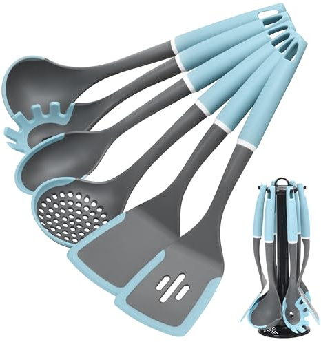Kitchen Cooking Utensils Set, Non-Stick Spatula Set with Rotating Stand, 6 PCS Silicone Utensils Set for Cooking, 400°F Heat Resistant, Kitchen Gadgets with Nylon Handle & Stable Holder, Grey Blue