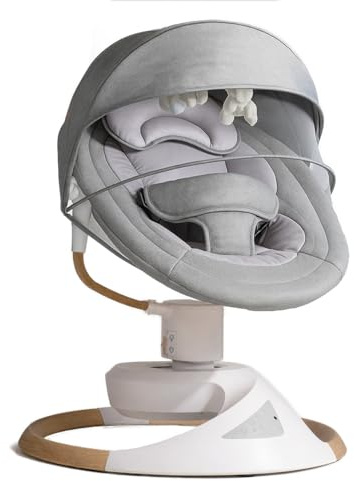 BEBE2LUXE EMY : Balancelle Bebe/Transat Bebe électrique, Effet Bois, Balancement Naturel, Multi-Position 360, Bluetooth, télécommande (Gris)
