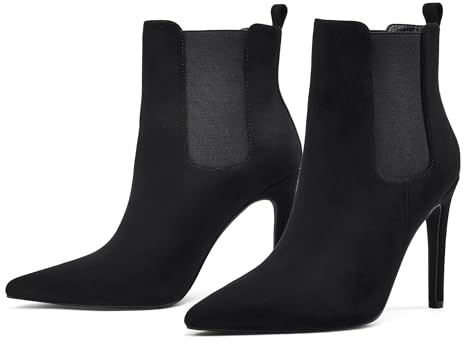 Elisabet Tang Stylish Women's Black Leather Ankle Boots 4 inch High Heel Pointed Toe Comfortable and Versatile Design for Everyday Wear