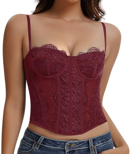 Werkiss Lace Boned Corset Top for Women Going Out Bustier Corset Top with Straps Sexy Overbust Corsets Push Up Crop Tops(WineRed-Lace, XS)