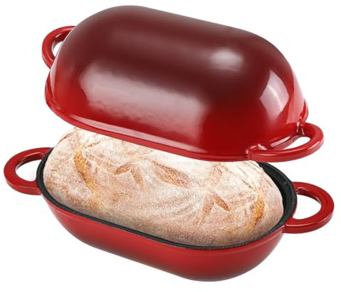 NSIRONS Stampo per pane in ghisa con coperchio, 23 cm, smaltato, in ghisa, con coperchio, 2,75 l, ideale per il pane, per il pane, adatto al forno (sfumato di colore rosso)