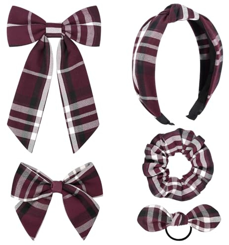 DEEKA 5 Styles Uniform Plaid Long Tail Hair Bows Knotted Headband Scrunchies Bow Set Alligator Clips Back to School Accessories for Toddler Little School Girls (Burgundy 5 Styles)