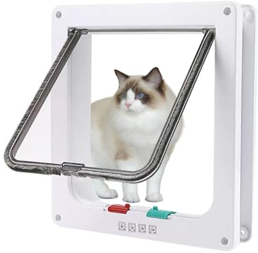 Nukoqcd Large Cat Flap 25.2cm x 23.5cm - Heavy Duty Weatherproof Pet Door with 4-Way Lock - Easy Fit for Door, Wall or Fence (White，L)