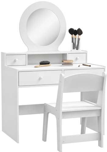 AIYAPLAY Kids Dressing Table with Mirror and Stool, Kids Vanity Table Make up Set with Storage Drawers Gift for Aged 3–8 Years Old - White