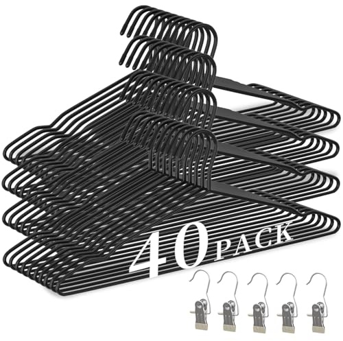 40Pack Heavy Duty Thickened and Reinforced Metal Hangers+5 Clothes Pins, Non-Slip Black Metal Hangers, Weight Capacity 50 lbs, Heavy Duty Hanger for Coats, Suits, Shirts, Dresses