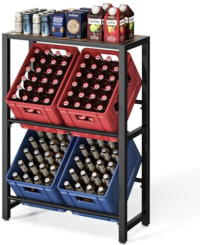 Josmimic Drinks Crate Rack with Shelf for 4 Boxes - Sturdy Metal Shelf in Black, Space Saving Drinks Crate Stand for Beer, Water & Soft Drinks - Ideal for Kitchen, Cellar & Storage Room