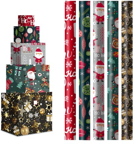 H HANSEL HOME Pack 5 Rollos Papel de Regalo 70x200cm – Diseño Navideño con Santa, Estrellas y Regalos – Papel Grande y Resistente para Envolver Regalos de Cumpleaños, Navidad y Fiestas