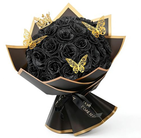 YUZHEDM 24 Piezas Flores Artificiales Ramo de Flores Rosas Artificiales con Corona Ideal para El Día de San Valentín, como Regalo para Amigas, para Decoración de Interiores y Exteriores(Negro)