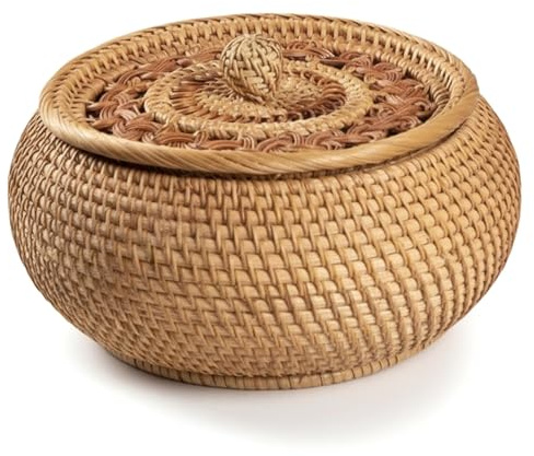 Cesta de mimbre con tapa, cesta de pan de ratán Natural redonda de 9, 5x5, 1 pulgadas, contenedor de almacenamiento tejido decorativo para cocina, sala de estar.