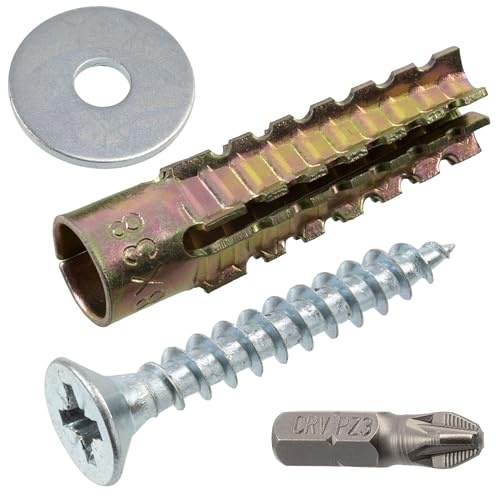 AERZETIX - Kit de 15 tacos de expansión metálicos con dentado exterior Ø8x38 mm color dorado + 15 tornillos Ø6x40 mm con rosca completa + 15 arandelas anchas para perno M6 + 1 punta PZ3