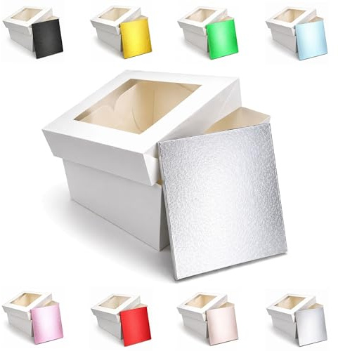 LARRYROO Square Colour Cake Drum Board & White Box with Clear Display Window + Lid Combo Pack for Wedding, Birthday Cakes (Silver, 12 Inch)