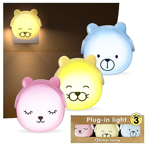 BRUNOKO Set 3 Ositos - Luz Nocturna Infantil con Sensor - quitamiedos Pared - Ideal para Habitación, Pasillos y Baño - Suave Luz de Noche para Niños - Fácil de Usar con Enchufe