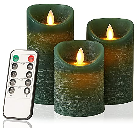 AnnSpa LED Candle 3 Set Battery Operated with 10-Key Remote Control and Cycling 24 Hours Timer, Flameless Real Wax Flickering Moving Wick Flickering Amber Yellow Light Pillar Candles （Green