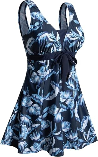 ECUPPER Women's Plus Size Swim Dress One Piece Blue Feather XL