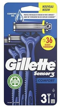 Gillette Sensor3 Comfort, Rasoi usa e getta da uomo, confezione da 3 rasoi usa e getta