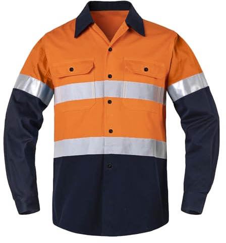 Yukirtiq Chemise de Travail à Boutons pour Homme Bande Réfléchissante Polo Haute Visibilité à Manches Longues Vêtements de Travail Bouton T-Shirt avec Poches, Orange, XXL