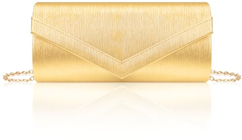 Larcenciel Women's Clutches, Metallic Shiny PU Leather Handbags for Women w/Detachable Chain, Elegant Gold Envelope Evening Clutch Bag Crossbody Shoulder Bag for Party, Prom, Cocktail, 22×10.5×5cm