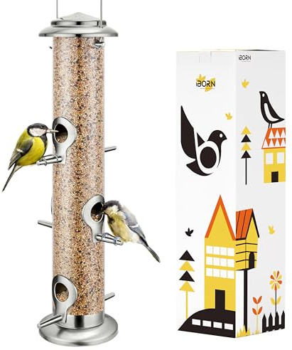 iBorn Metal Bird Feeders 6 Ports Hanging Wild Bird Seed Feeder for Mix Seed Blends, Niger Seed Feeder, Sunflower Heart, Birdbath, Heavy Duty All Metal Nickle Finishing 15 Inch 6Port