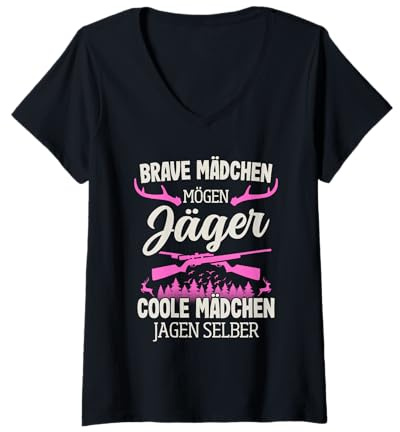 Damen Jäger Mädchen Jagen Selber Hirsch Jagd Jägerin T-Shirt mit V-Ausschnitt
