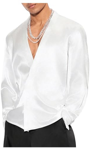Floerns Men's Wedding Long Sleeve V Neck Shirts Shiny Satin Prom Party Club Shirts White Large