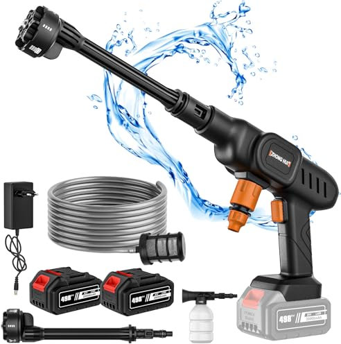 Nettoyeur Haute Pression sans Fil, Nettoyeur à Jet 60 Bars avec Chargeur, buse Polyvalente 6 en 1 pour Le Nettoyage de la Cour et Le Lavage de Voiture (Deux Piles)