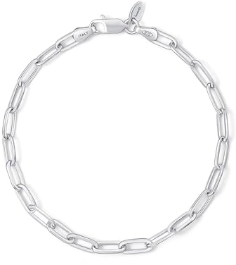 Amberta Pulsera Paperclip en Plata de Ley 925 | Eslabones de Cadena Italiana para Mujer u Hombre: 19 cm 3.6 mm