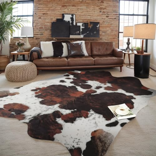 Alfombra de cuero vacuno de 8 x 10 pies, alfombra con estampado de vaca sintética, alfombra grande antideslizante con estampado de animales, decoración occidental del hogar para sala de estar,