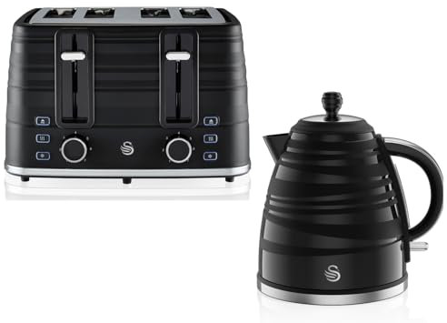 Swan Symphony Black 1.7L 3KW Kettle and 4 Slice Toaster. Contemporary Matching Kitchen Set Featuring an Elegant Sweeping Ribbon Motif with a high Gloss and Matte Finish with Chrome Detailing