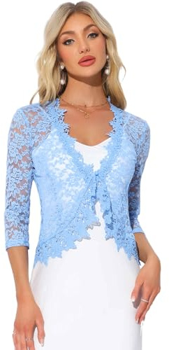 Allegra K Bolero da donna con maniche a 3/4, cardigan elegante formale con pizzo floreale per la sera, Azzurro, M