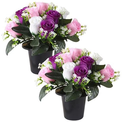 Lotvic Artificial Flowers for Graves, 25cm Grave Flowers, 2 Pcs Grave Pots with Artificial Flower, 12 Head Roses Funeral Flowers, Artificial Flower for Cemetery, Memorial, Christmas (Purple)