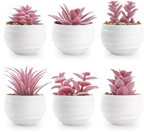 BTSD-home Set of 6 Succulents Plants Artificial in Pots Small Fake Plants for Bedroom Aesthetic Living Room Office Shelf Bathroom Decor Pink