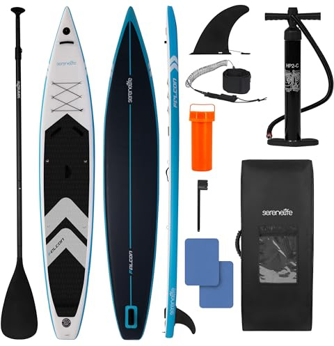 SereneLife 14’ Inflatable Stand Up Paddle Board for Racing - 28” Narrow Design for Expert Paddlers with Non-Slip EVA Deck Pad, Includes Premium SUP Accessories and GoPro Mount, for Youth and Adults
