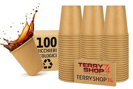 Terryshop74 100 vasos de papel kraft de 210 ml, ecológicos, desechables, para bebidas calientes y frías, biodegradables y compostables, ideales para café, té, zumos, eventos, fiestas