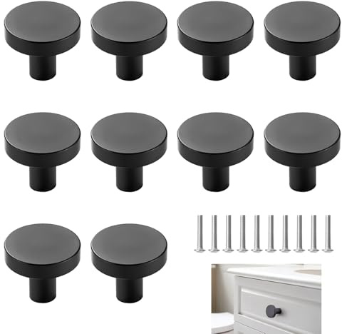 10 Pcs 25mm Black Cabinet Knobs, Drawer Knobs with Screws, Vintage Round Matt Door Knob for Kitchen Cabinet Drawer Wardrobe Furniture Dresser Bookcase, Easy to Install Decorative Hardware Set