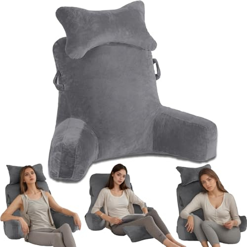 Cnwinu Reading Pillow for Bed Adult,Cuddle Cushion with Pockets & Detachable Neck Roll,Arm Lumbar Back Support Cushion for Chair Sofa Floor,Back Pillow for Rest Watching TV Reading Gaming(Dark Gray)