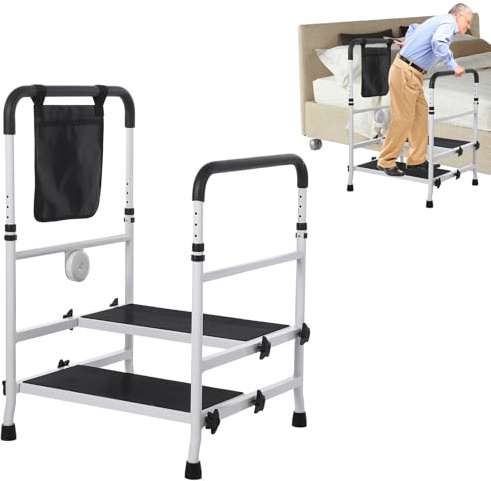 Dual Step Stool with 2 Handles, Height Adjustable Bed Steps with Non-Slip Platform & Rubber Feet, Heavy Duty Foot Stool Ladder Holds up to 200kg for Bedside, Kitchen, Car, RV, Bathtub