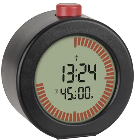 TFA Dostmann Sveglia digitale radiocontrollata con cronometro e timer, 60.2563, con impostazione del fuso orario, con funzione snooze, ideale per l'ufficio o l'aula, display visivo, nero
