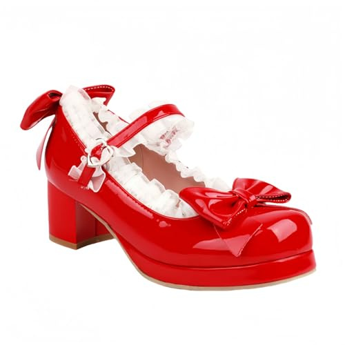 Scarpe da Donna Kawaii Mid Block Tacco Mary Jane Rockabilly Pompe con Pizzo Trim Bow Pearl Piattaforma Tacco Grosso Carino Dolce Scarpe da Sposa