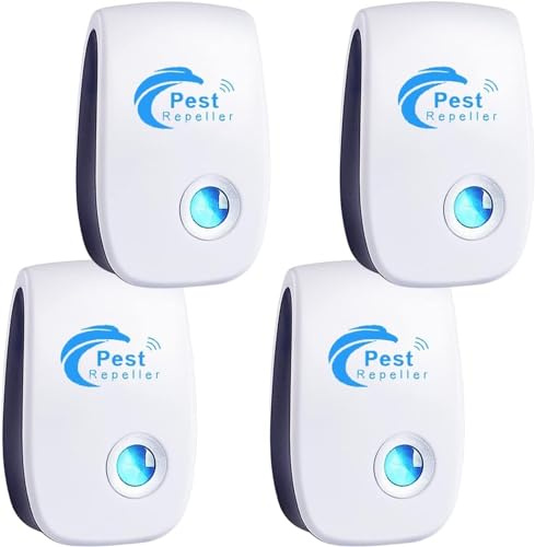 Repelente Ultrasónico de Plagas, 4 Piezas Repelente ultrasónico de Mosquitos y Control electrónico Anti Moscas, Ratones, Cucarachas, Arañas, Roedores,Inodoro y Sin Residuos,Uso Interior
