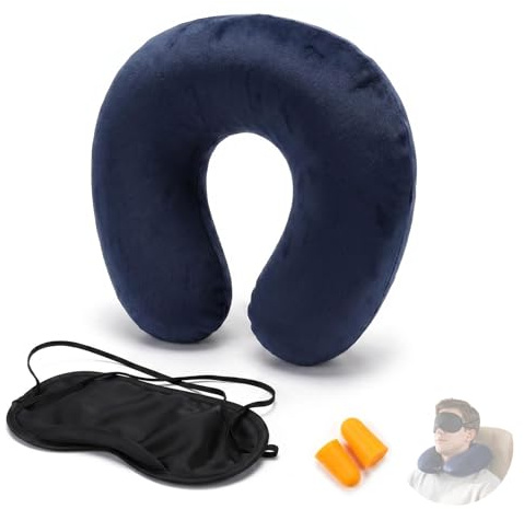 Cloxtralon Almohada de viaje inflable cojín de viaje suave y ajustable, almohada de viaje lavable con tapón para los oídos y máscara de sueño, ideal para oficinas, aviones y trenes