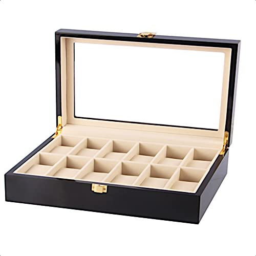 MR Maestro Orologiaio - Vetrina di lusso per 12 orologi | Legno laccato nero | Salva e Proteggi i tuoi orologi | Finitura interna in microfibra, crema, legno