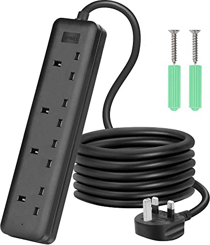 LIPWEL Extension Lead Plug Extension Cord Black Power Strip 4 Way Socket Multi Plug 1m 2m Extension Electric Cable Multi Socket Plug Adapter PC Accessories with Indicator for Multiple Devices