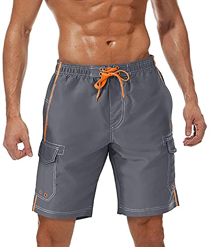 TACVASEN Mens Swimming Shorts with Pockets Mesh Lining Quick Dry Waterproof Swim Trunks Breathable Board Shorts Grey,L
