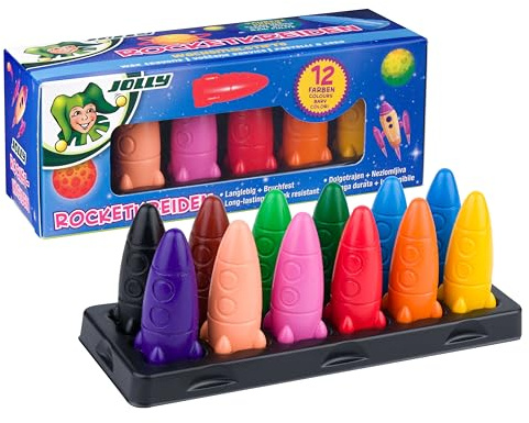 JOLLY Raketkritor, vaxkritor, 12 färger, okrossbara och ergonomiska, rena händer, för papper, trä och kartong, för barn