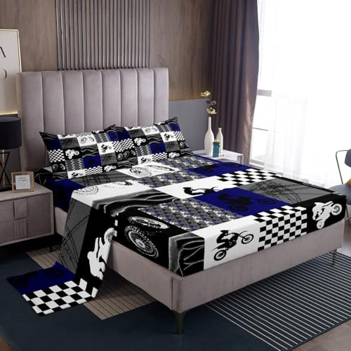 Erosebridal Dirt Bike Bed Sheets, Motocross Rider Sheet Set Twin Size, Motorcycle Grunge Bedding Set for Kids Boys Adult Men, Motorbike Extreme Sport Game Fitted Sheet, Buffalo Plaid, Blue Grey Black