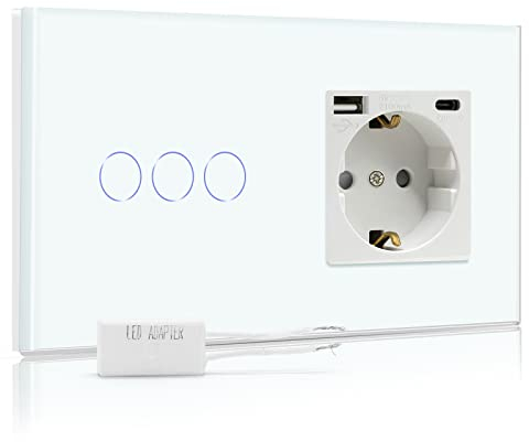 BSEED Dimmer Schalter mit USB Steckdose Anschluss (Max. 2.1A) Typ C Port 1 Fach 1 Weg Led Dimmer Schalter mit Touchscreen Wandsteckdosen mit USB Steckdose Touch Lichtschalter Weiß