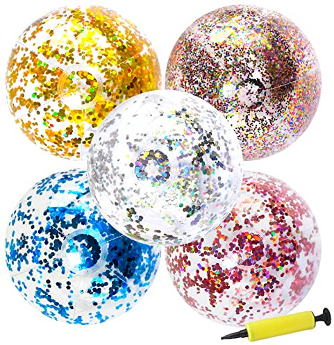 Gukasxi 5 stycken 40 cm vattenboll glitter uppblåsbar boll strandboll sommar simboll lekbollar paljetter glitter pool boll flytande vattenleksak för barn vuxna transparenta kulor