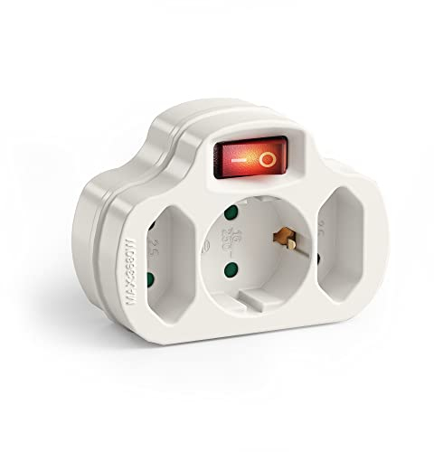 Perfect, presa multipla con interruttore on/off, 1x presa Schuko 16A / 250V AC, 2x prese Euro 2.5A / 250V AC, 3680 watt, bianco